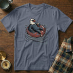 A bald eagle wearing sunglasses floats relaxed on an inner tube with a drink.