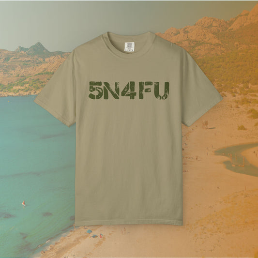 khaki t-shirt Graphic T-shirt featuring large, distressed stencil text reading the l33t-speak version of SNAFU: "5N4FU" on a dark background.
