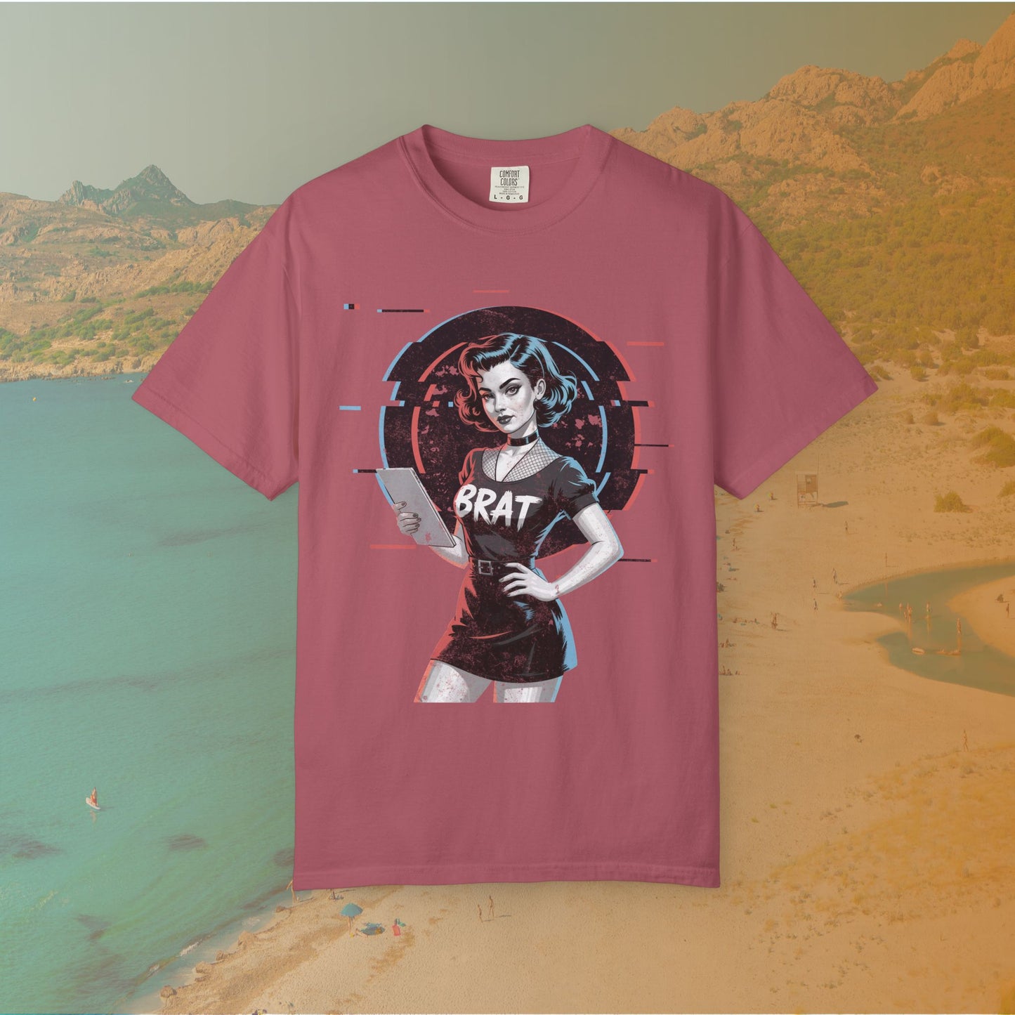 Cyberpunk BRAT Glitch Art Pinup Girl T-Shirt | Retro Pin Up Sassy Slogan Dark Goth