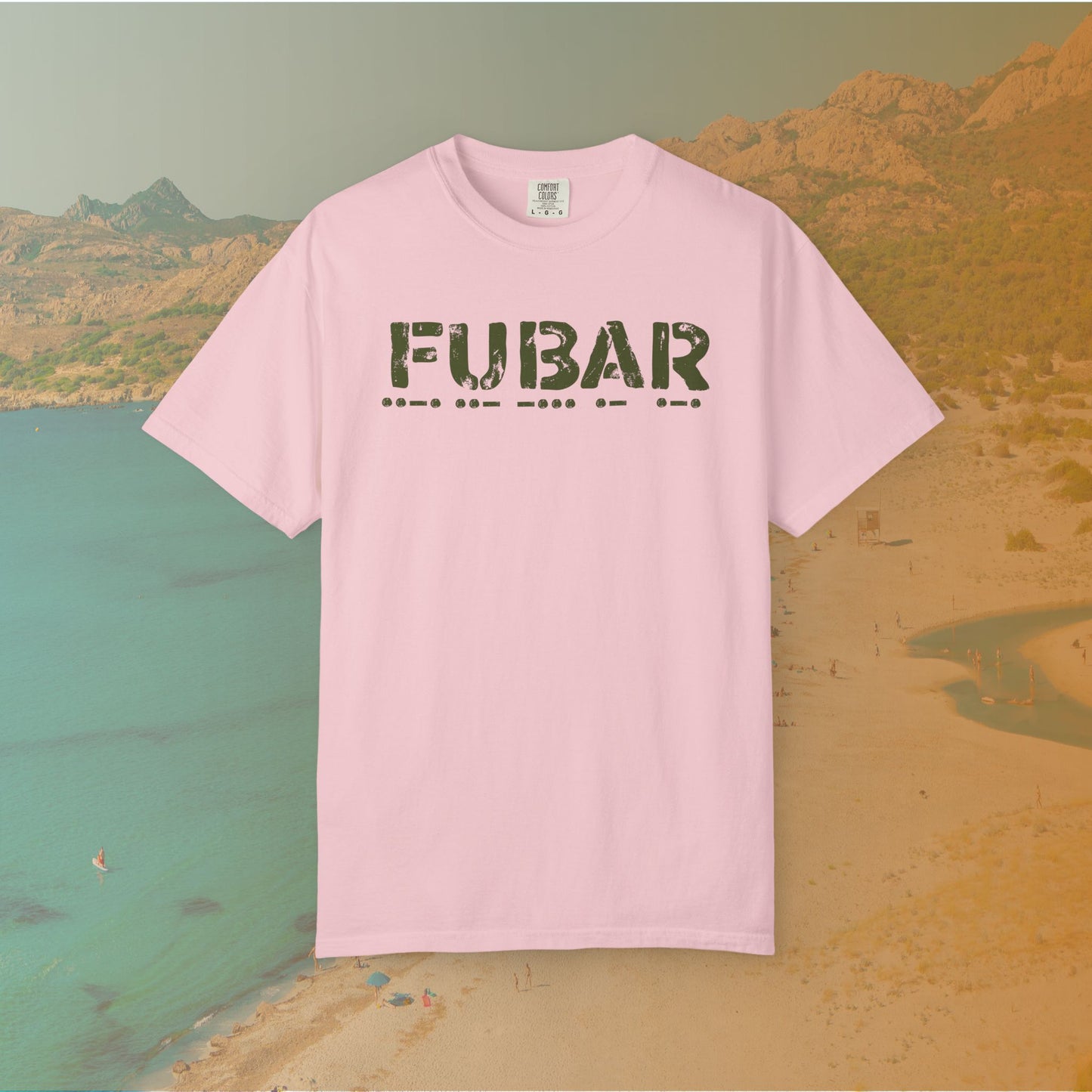 Pink t-shirt with 'FUBAR' text on a scenic background