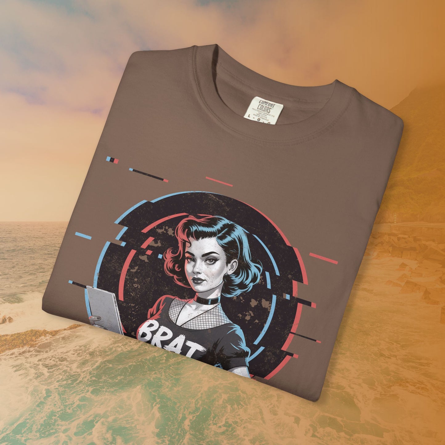 Cyberpunk BRAT Glitch Art Pinup Girl T-Shirt | Retro Pin Up Sassy Slogan Dark Goth