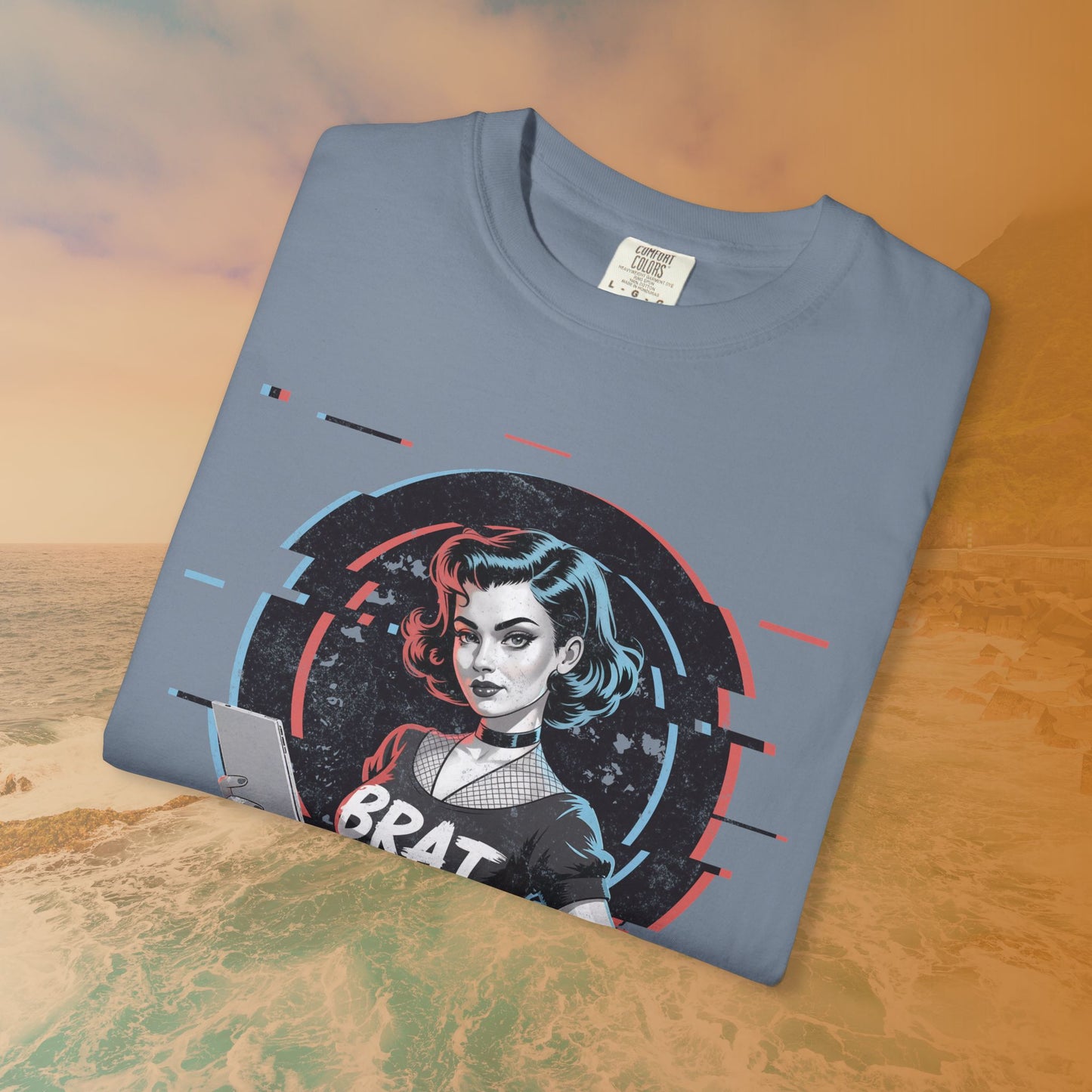 Cyberpunk BRAT Glitch Art Pinup Girl T-Shirt | Retro Pin Up Sassy Slogan Dark Goth