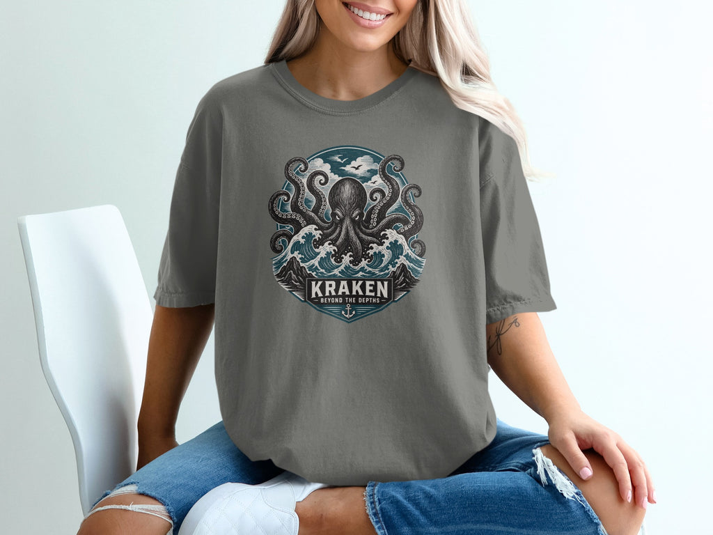 KRAKEN BEYOND THE DEPTHS kraken octopus design on a gray t-shirt