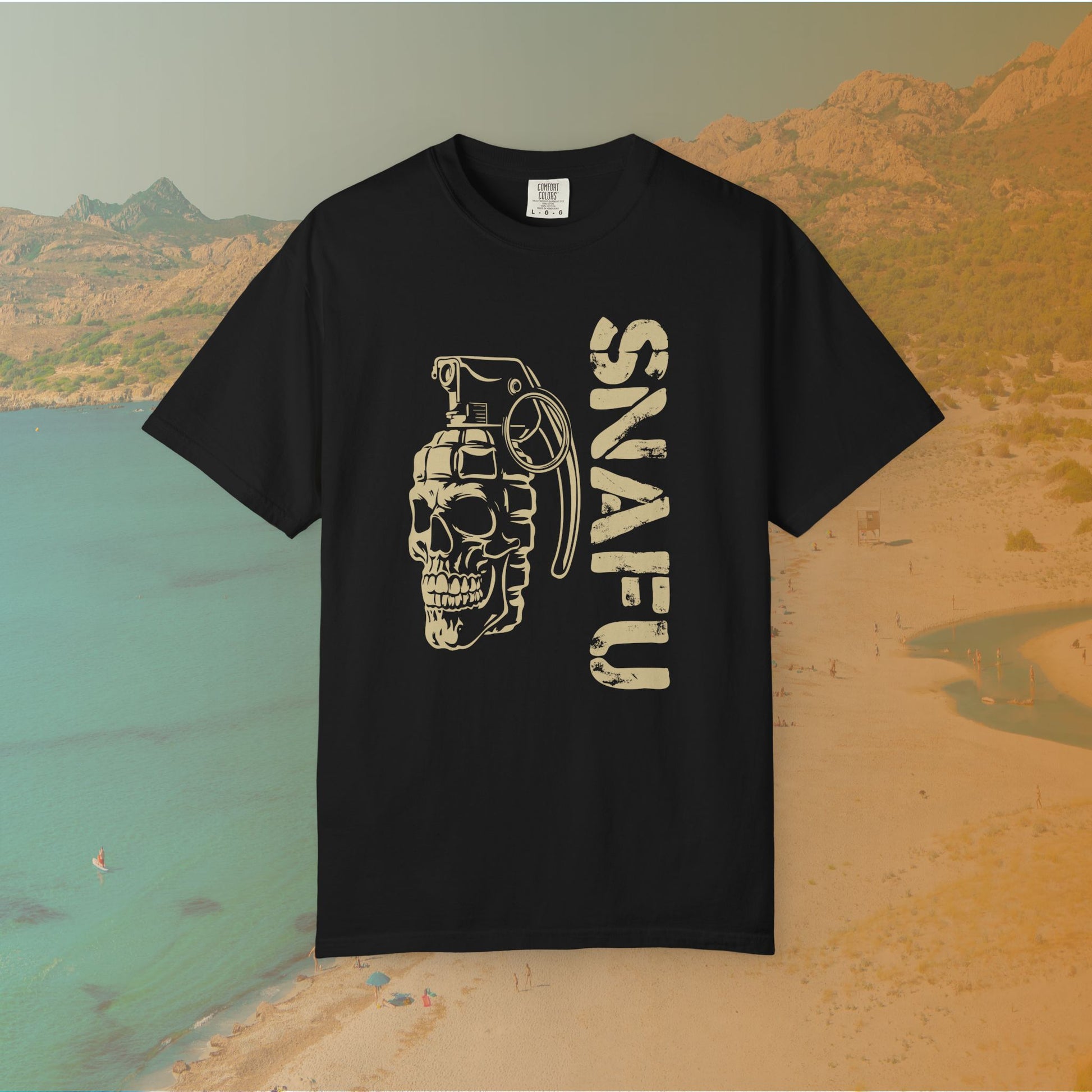 black Graphic T-shirt featuring a stylized image of a skull merged with a hand grenade, positioned next to the large, distressed text "SNAFU."