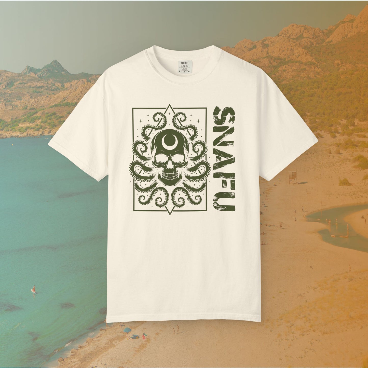 ivory Graphic T-shirt featuring a detailed skull with a crescent moon on its forehead and octopus tentacles emerging from it, next to the large, distressed text "SNAFU."