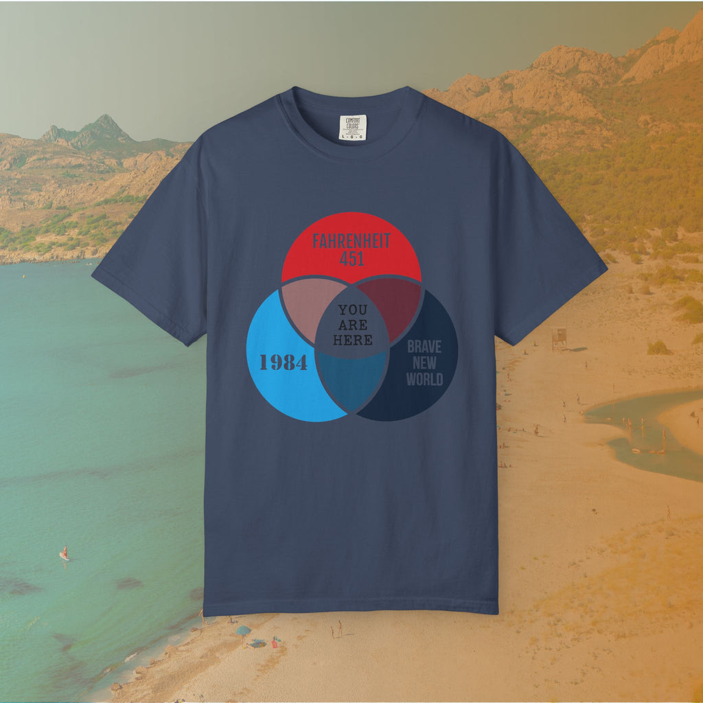 Dystopian Novels Venn Diagram T-Shirt | 1984, Fahrenheit 451, Brave New World Literary Tee