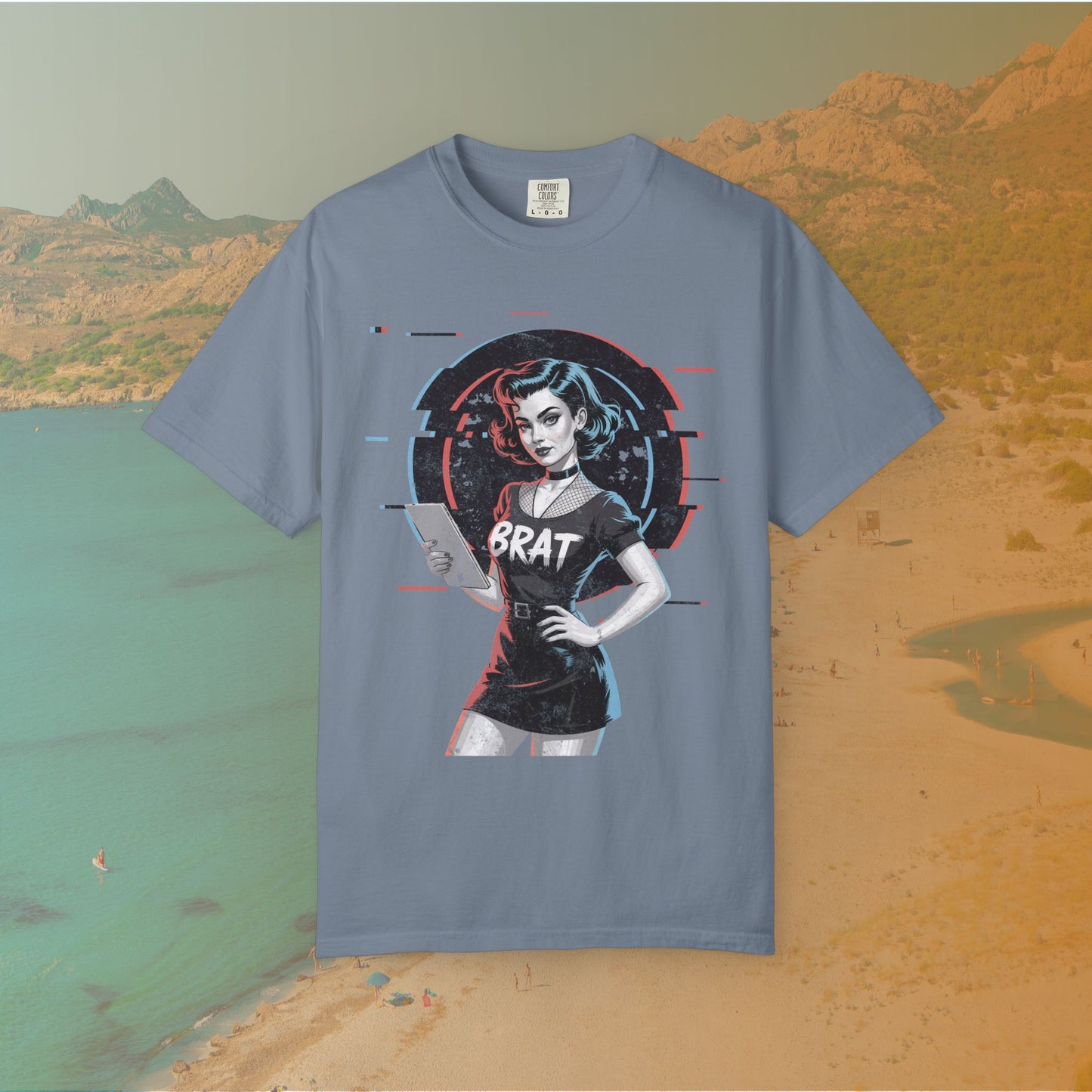 Cyberpunk BRAT Glitch Art Pinup Girl T-Shirt | Retro Pin Up Sassy Slogan Dark Goth