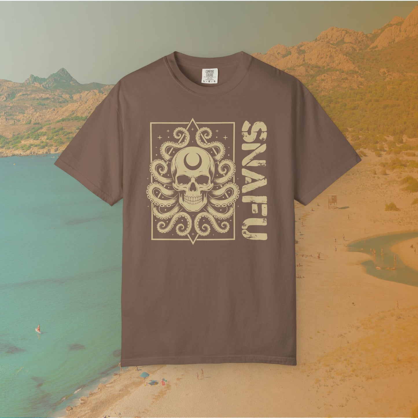 brown Graphic T-shirt featuring a detailed skull with a crescent moon on its forehead and octopus tentacles emerging from it, next to the large, distressed text "SNAFU."