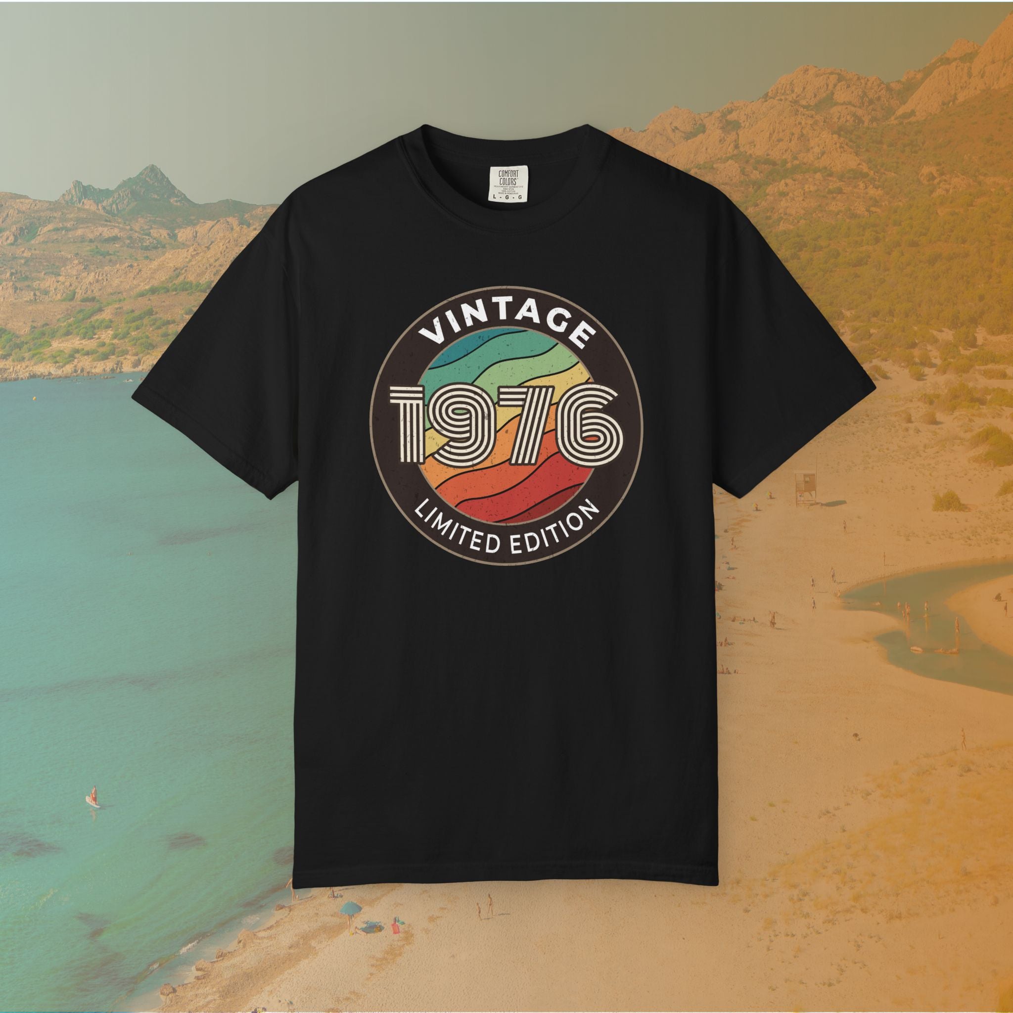 Black Retro-style circular graphic featuring the year 1976 in a bold, lined font over a distressed, multi-colored wavy background. The outer border reads "VINTAGE" at the top and "LIMITED EDITION" at the bottom. 