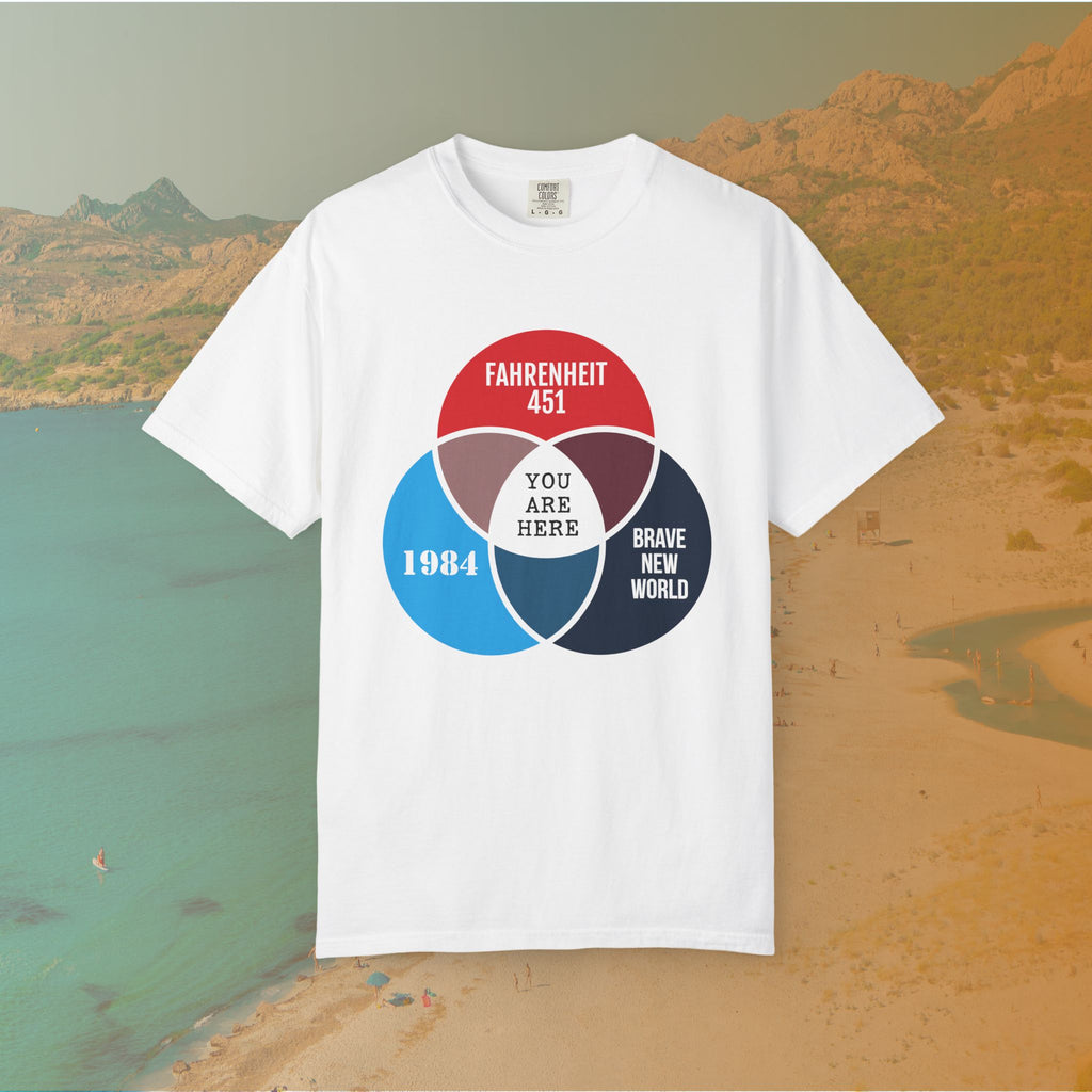 Dystopian Novels Venn Diagram T-Shirt | 1984, Fahrenheit 451, Brave New World Literary Tee