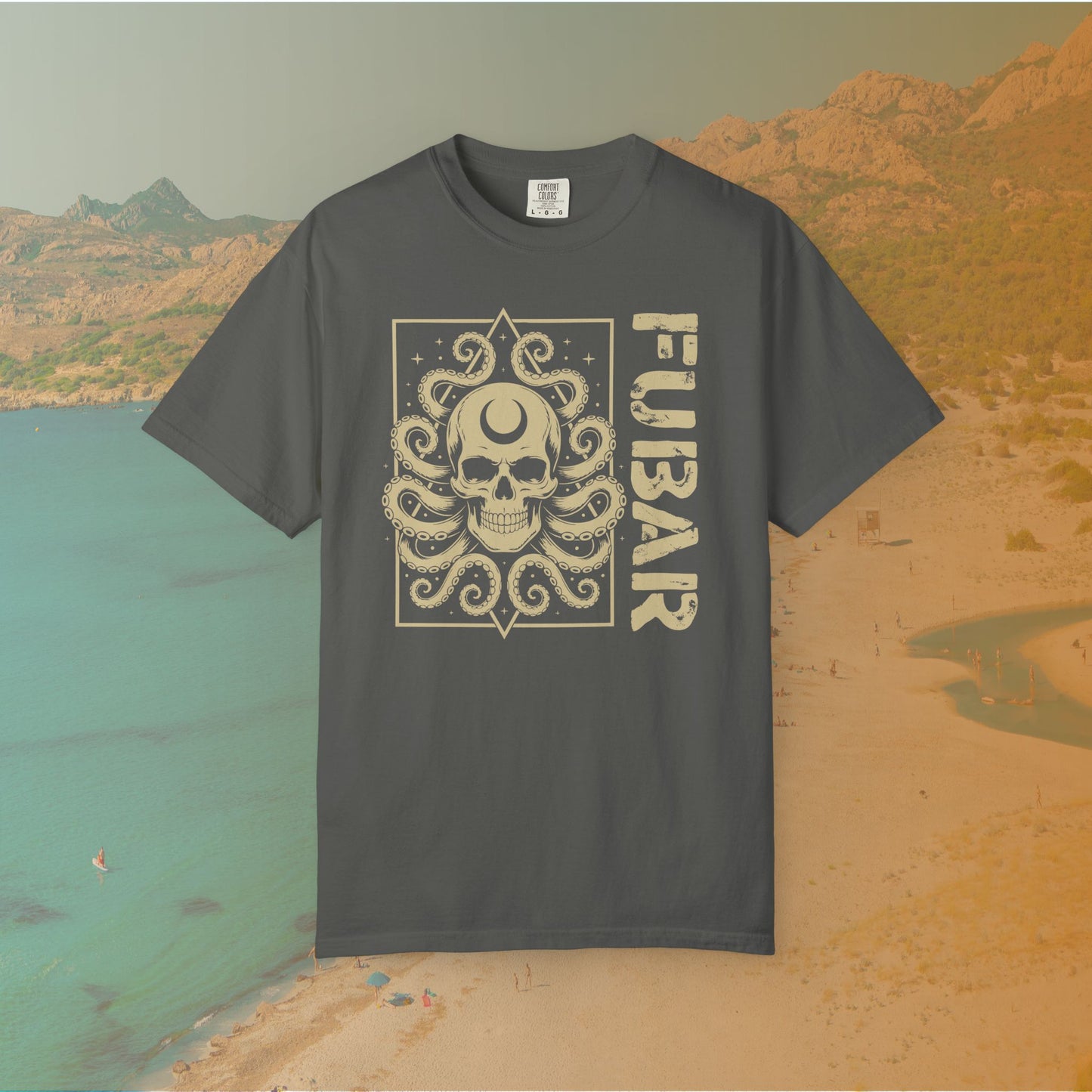 grey Graphic T-shirt featuring a detailed skull with a crescent moon on its forehead and octopus tentacles emerging from it, next to the large, distressed text "FUBAR."