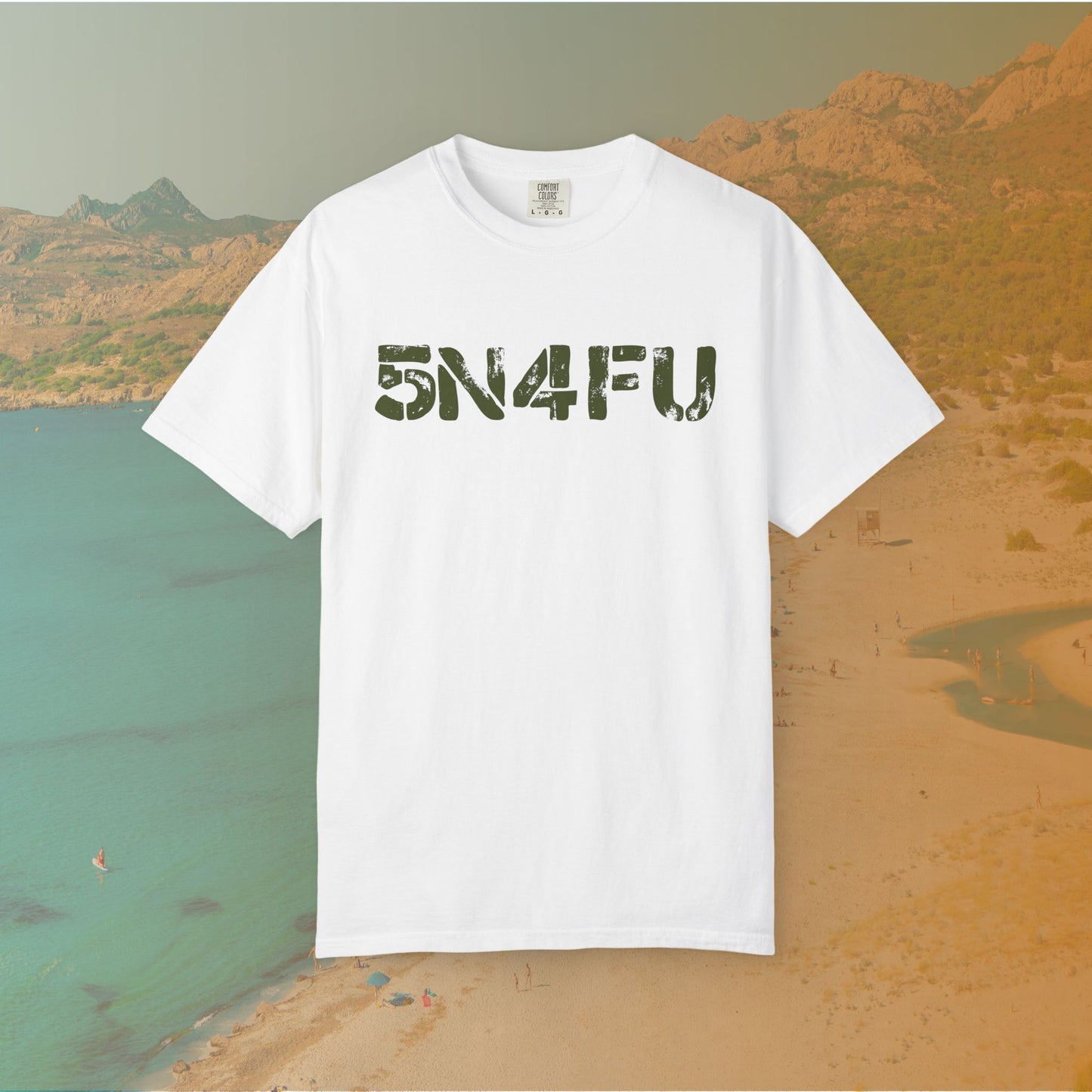 white t-shirt Graphic T-shirt featuring large, distressed stencil text reading the l33t-speak version of SNAFU: "5N4FU" on a dark background.
