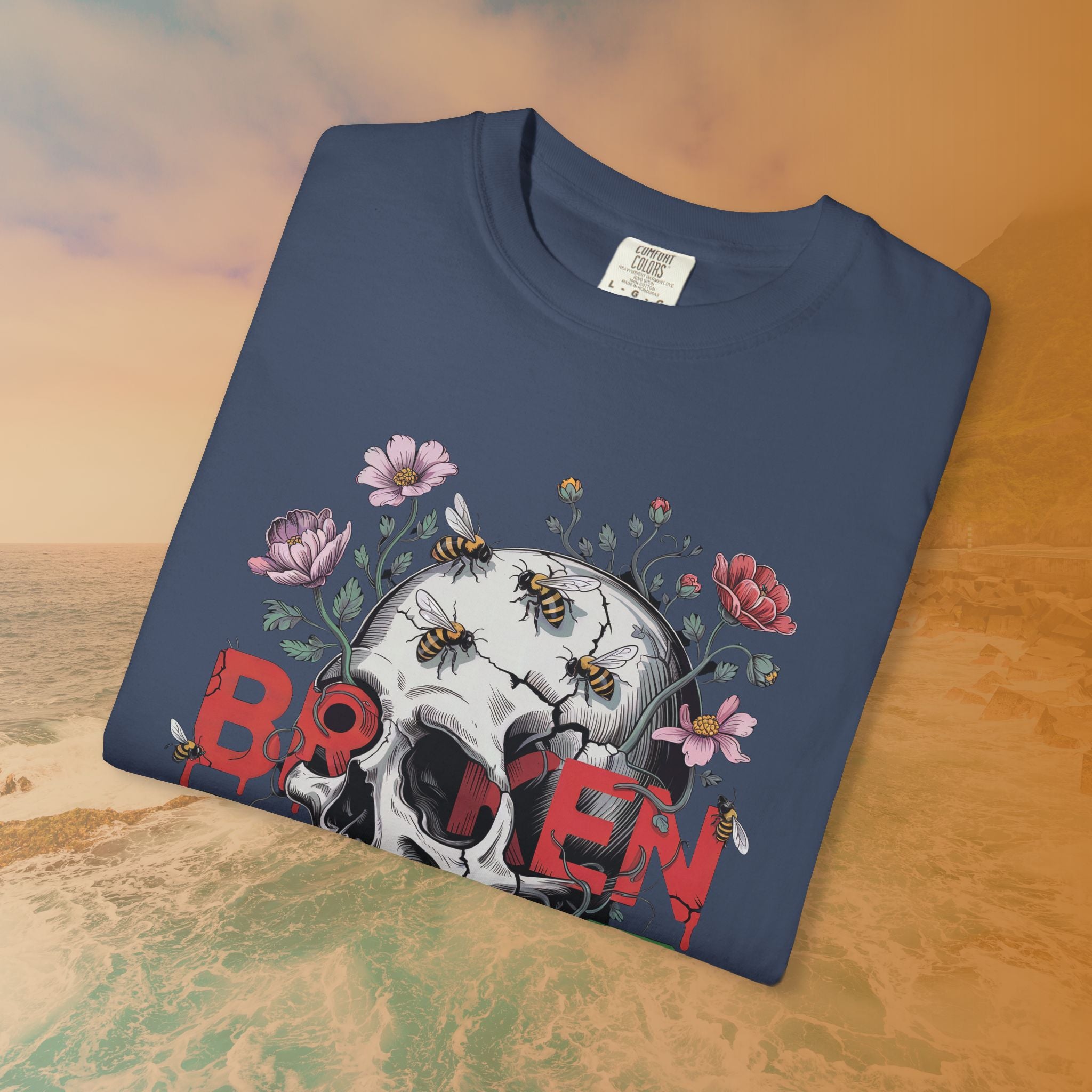 Broken Heart Skull Floral Goth T-Shirt