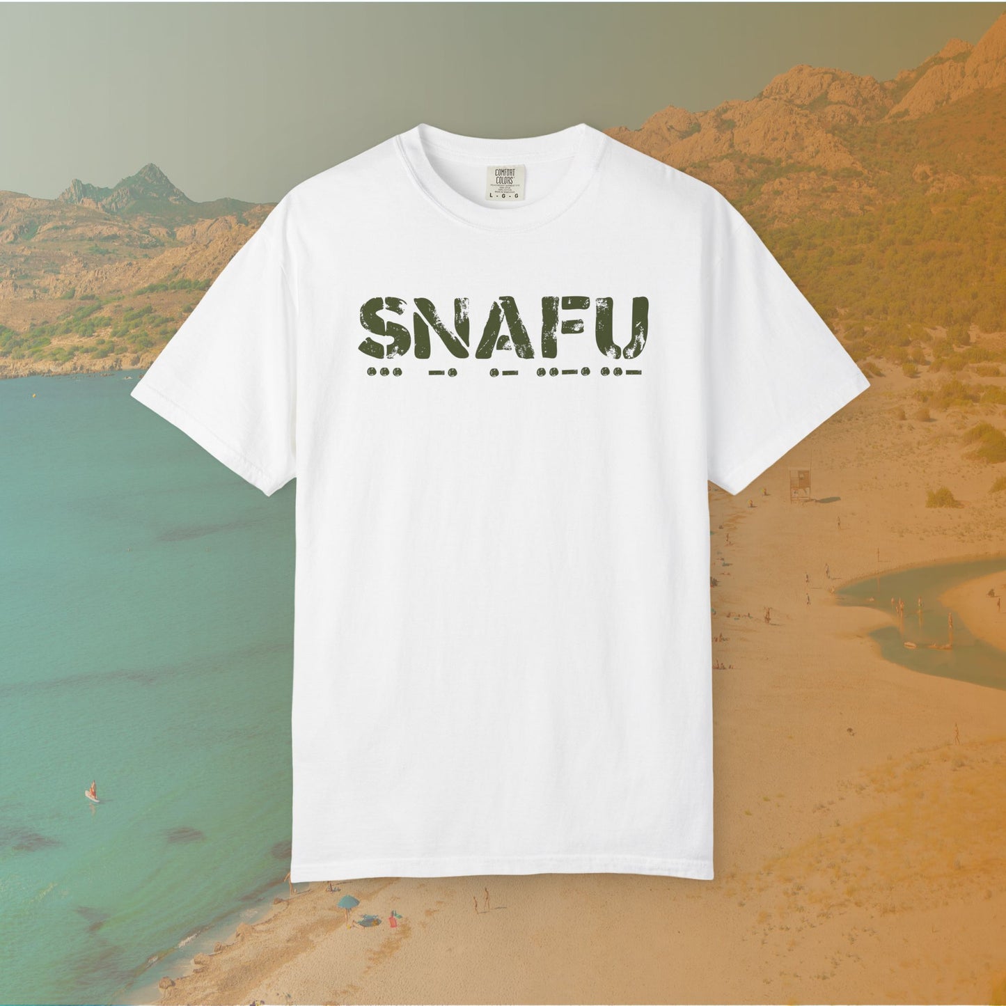 white Graphic T-shirt featuring the large, distressed stencil text "SNAFU" with the Morse code translation of the word printed directly beneath it.