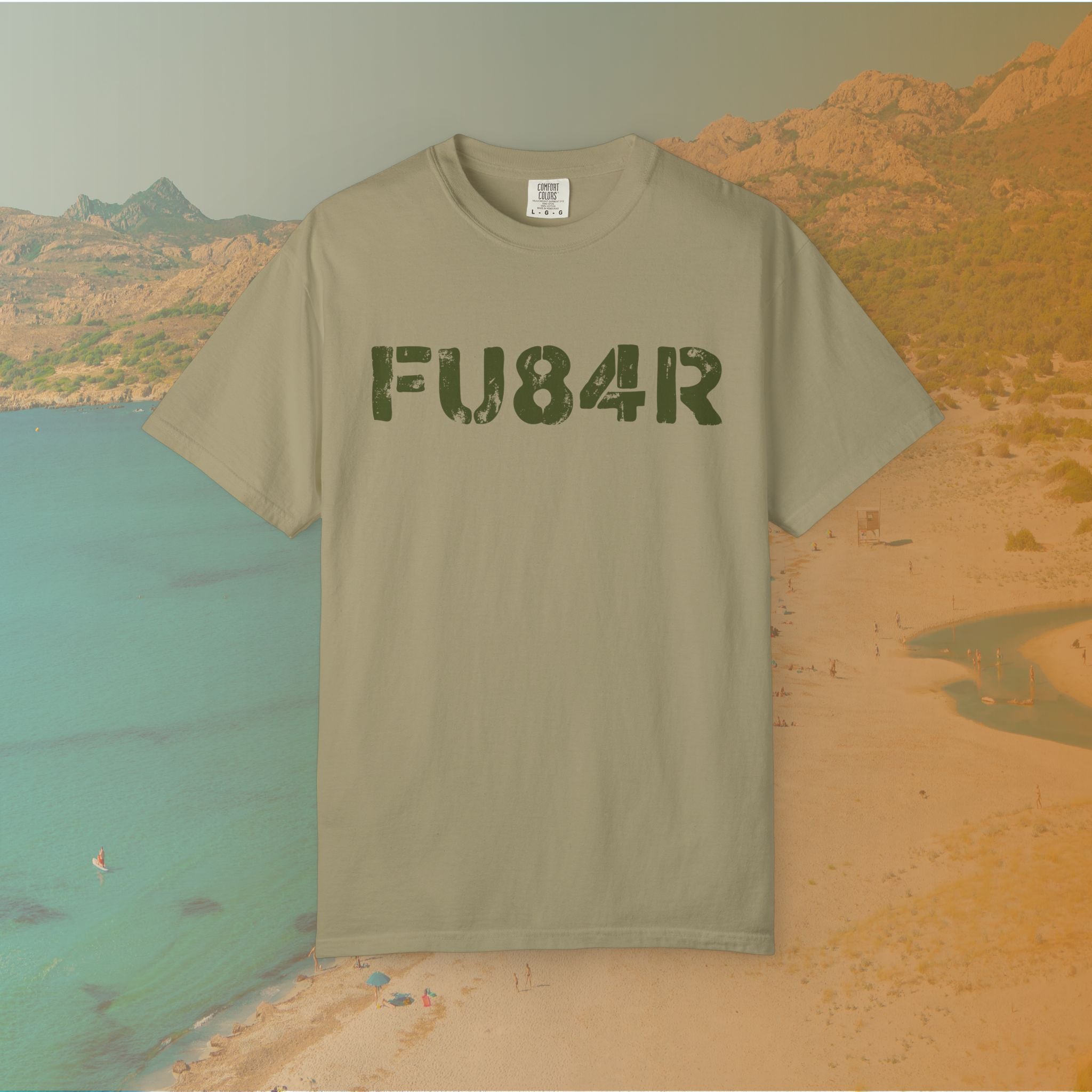 khaki t-shirt Graphic T-shirt featuring the large, distressed, military-style stencil text "FU84R" (a numeric replacement for FUBAR)