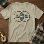 T-shirt with Venn diagram graphic: "The Plan", "The Trail", and "Rarely" in overlap.