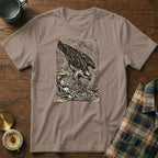 T-shirt with graphic of an osprey diving into waves.