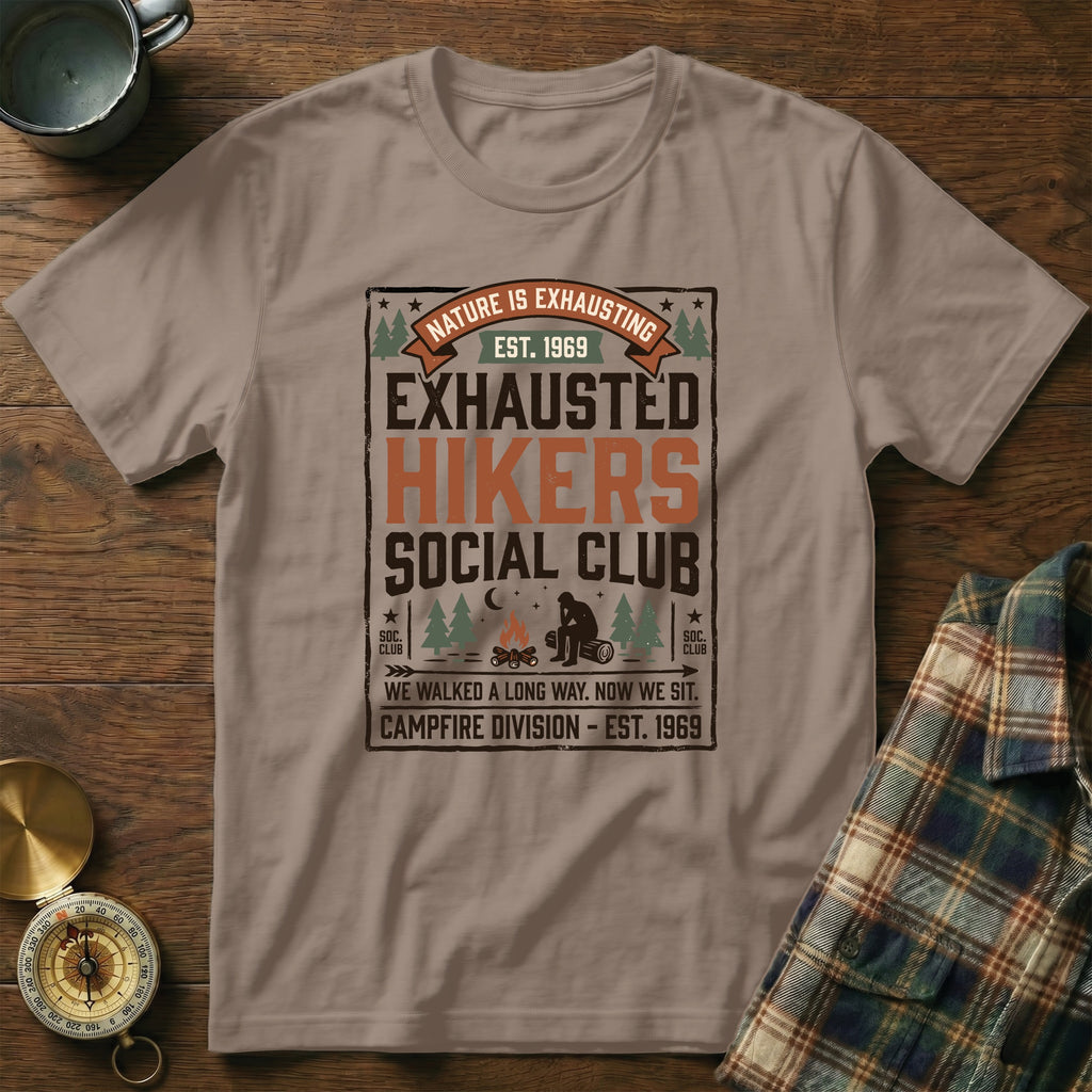 Exhausted Hikers Social Club t-shirt with camp theme and slogan.