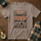 Exhausted Hikers Social Club t-shirt with camp theme and slogan.