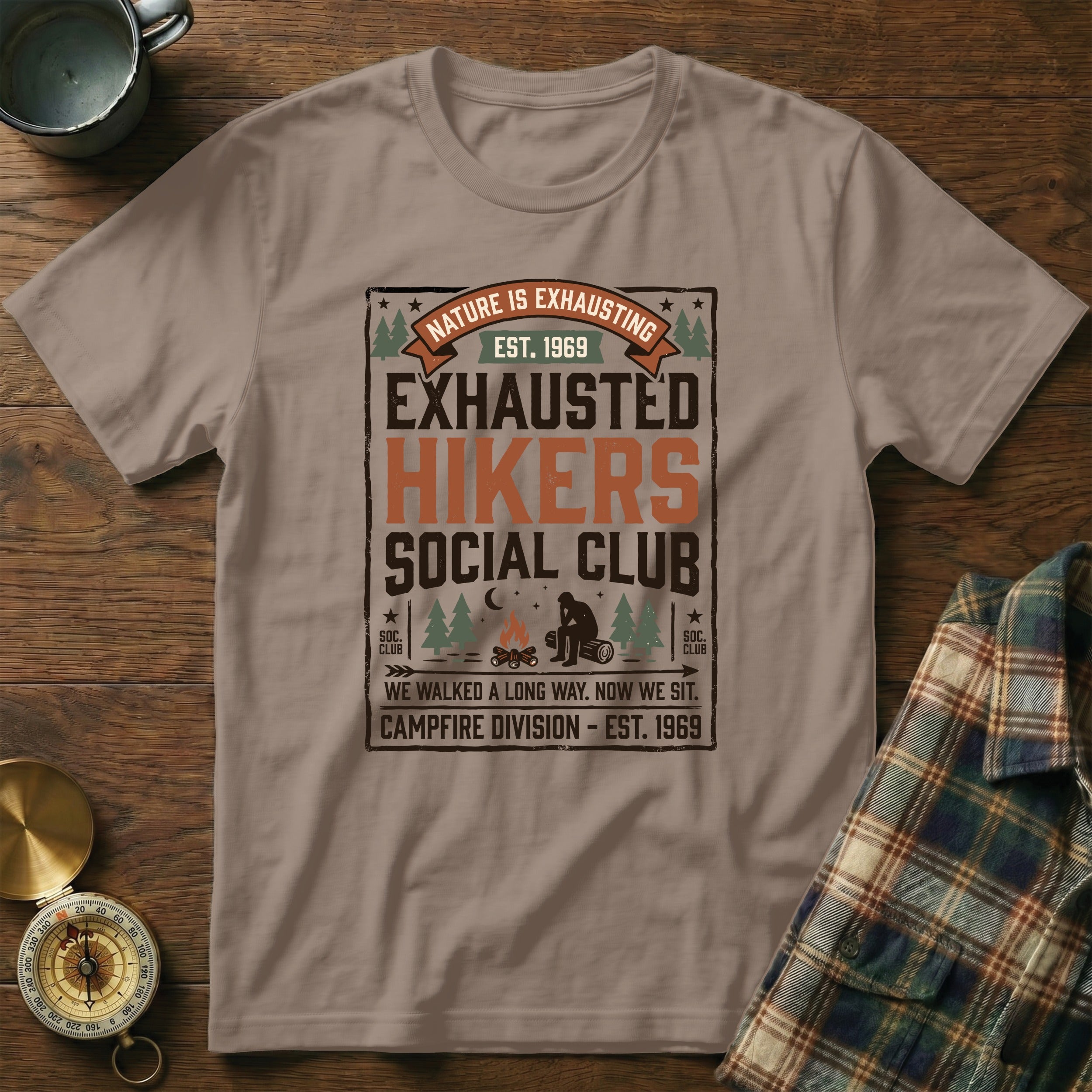 Exhausted Hikers Social Club t-shirt with camp theme and slogan.