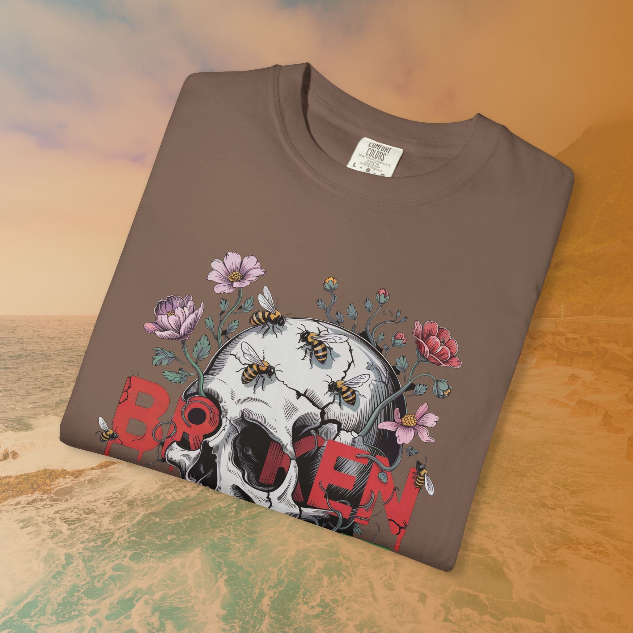 Broken Heart Skull Floral Goth T-Shirt