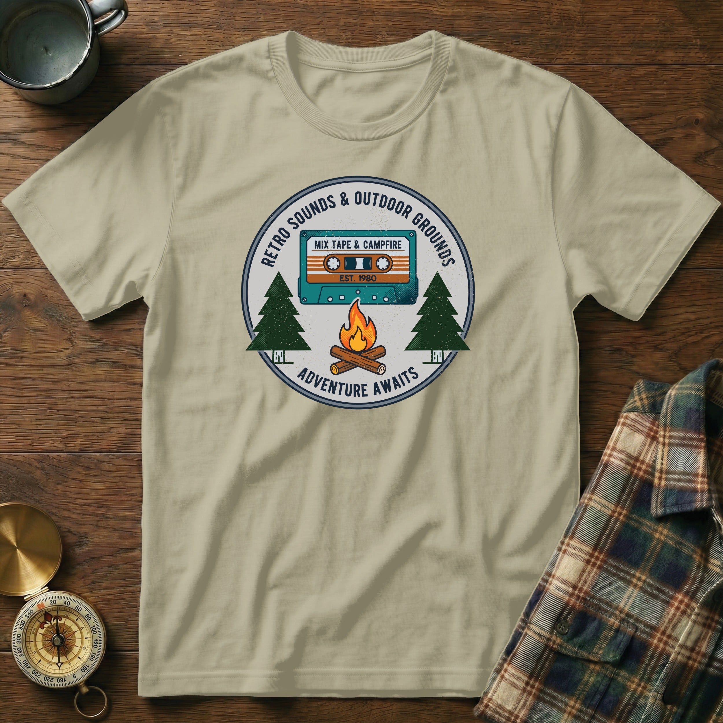 Retro Sounds & Outdoor Grounds Mix Tape & Campfire t-shirt design.