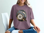 T-shirt graphic with compass, fishing rod, and trout.