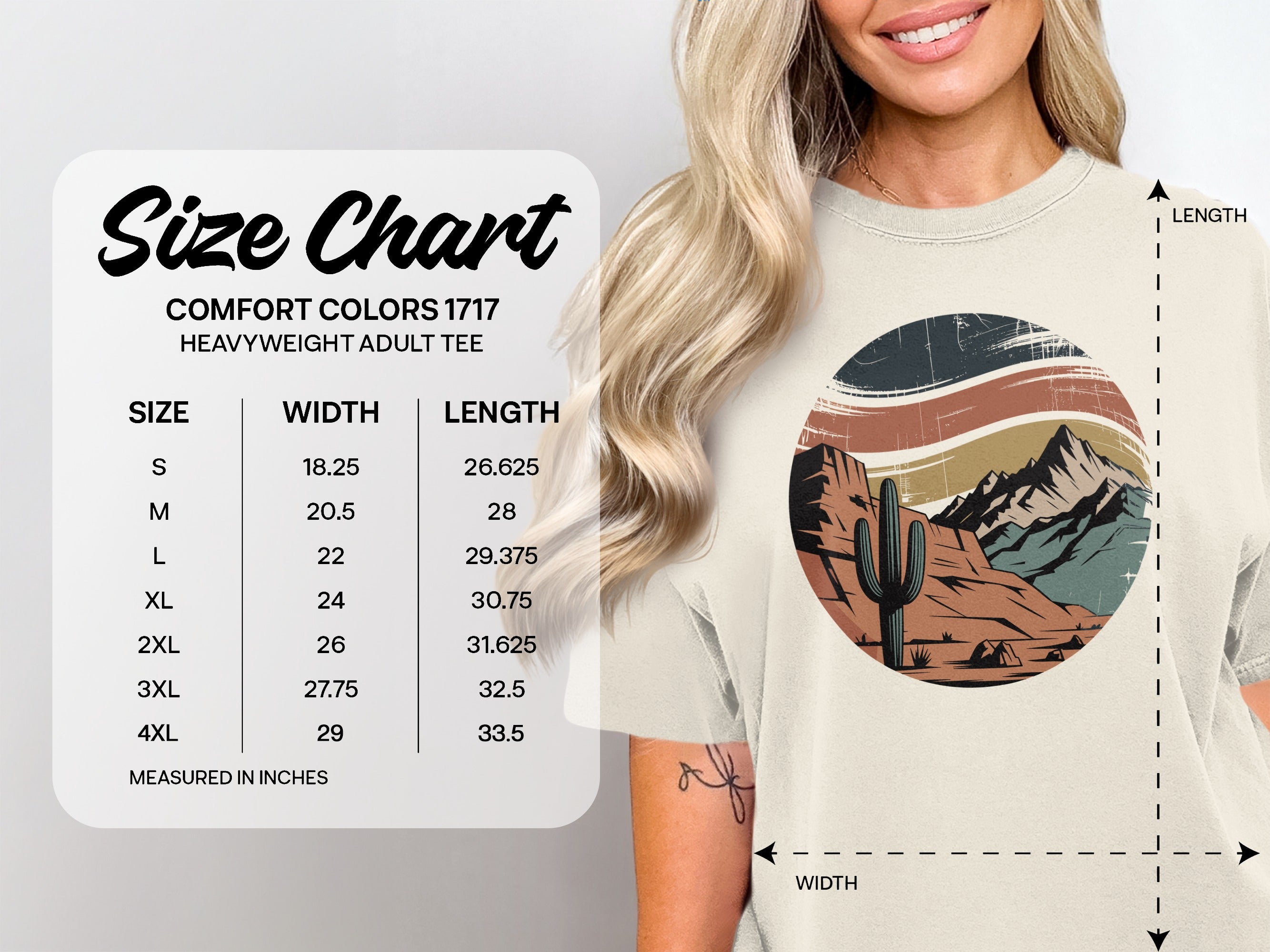 Comfort Colors 1717 heavyweight adult tee size chart with measurements.