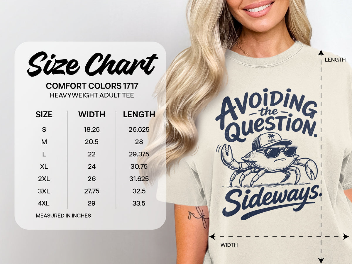 A size chart for a Comfort Colors 1717 t-shirt next to a person wearing the shirt.