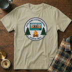 T-shirt with Retro Sounds & Outdoor Grounds cassette tape and campfire graphic.
