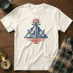 Anchor on a mountain with sun and water graphic on white t-shirt.