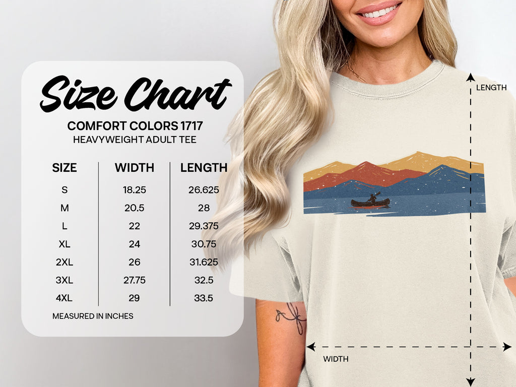 Comfort Colors 1717 heavyweight adult tee size chart with width and length measurements in inches.