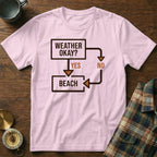 Pink t-shirt with "WEATHER OKAY? YES BEACH NO" flowchart graphic.