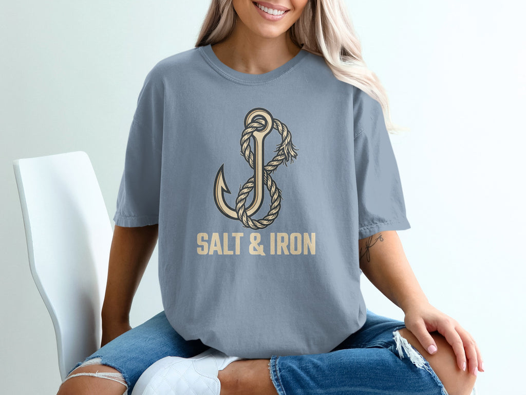Anchor graphic with rope and text "SALT & IRON" on a slate blue t-shirt.