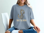 Anchor graphic with rope and text "SALT & IRON" on a slate blue t-shirt.