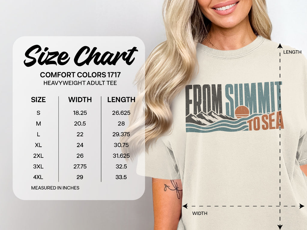 Comfort Colors 1717 heavyweight adult tee size chart with dimensions and "From Summit to Sea" graphic.