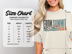 Comfort Colors 1717 heavyweight adult tee size chart with dimensions and "From Summit to Sea" graphic.