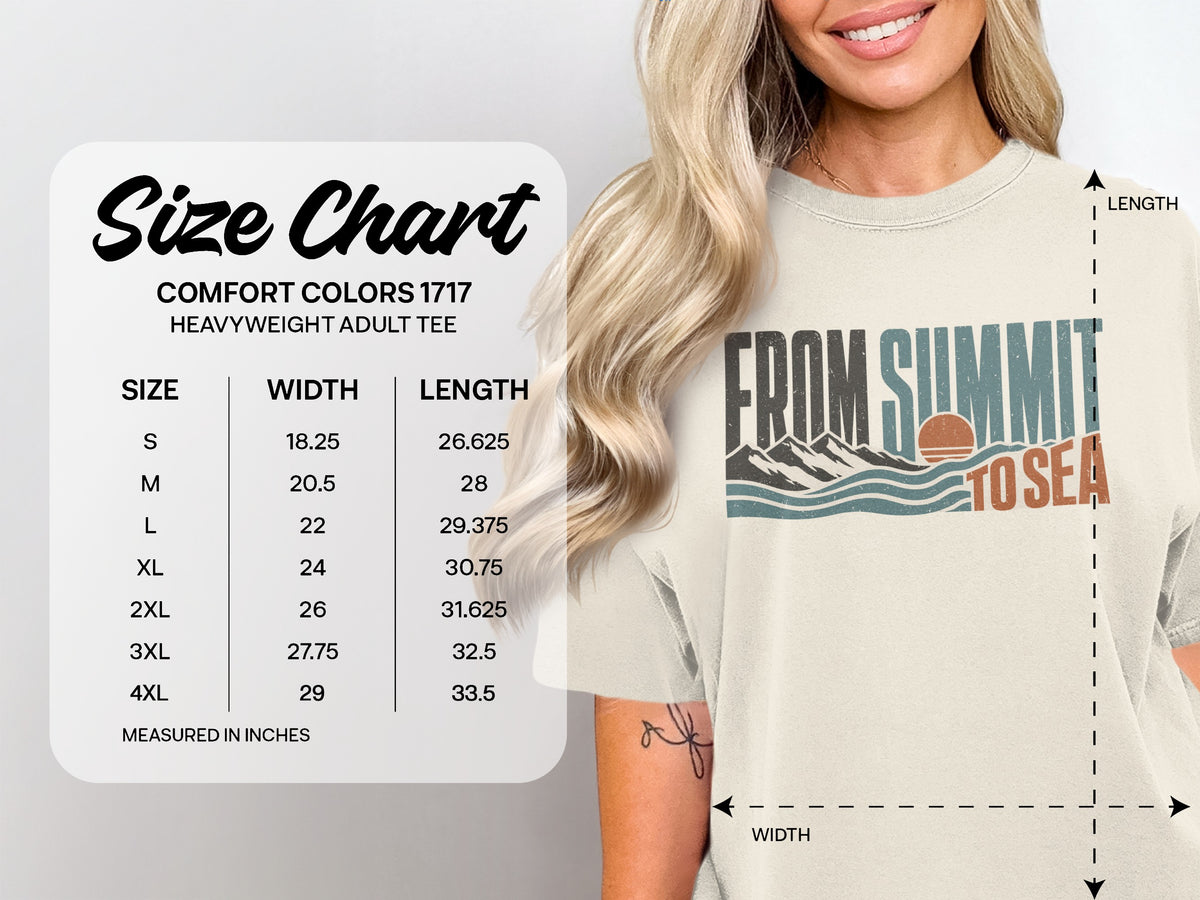 Comfort Colors 1717 heavyweight adult tee size chart with dimensions and "From Summit to Sea" graphic.