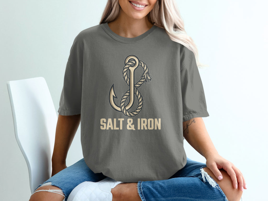 Anchor and rope design on a gray t-shirt with "SALT & IRON" text.