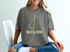 Anchor and rope design on a gray t-shirt with "SALT & IRON" text.