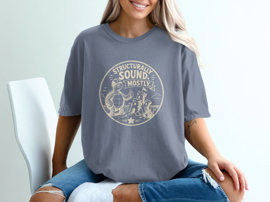 T-shirt graphic with turtle building sandcastle, "Structurally Sound. Mostly." text.