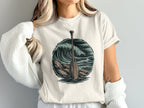 T-shirt with a circular graphic of a wooden paddle against crashing waves and rocks.
