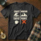 Black t-shirt with "Coast Mountains Coffee People" and icons.