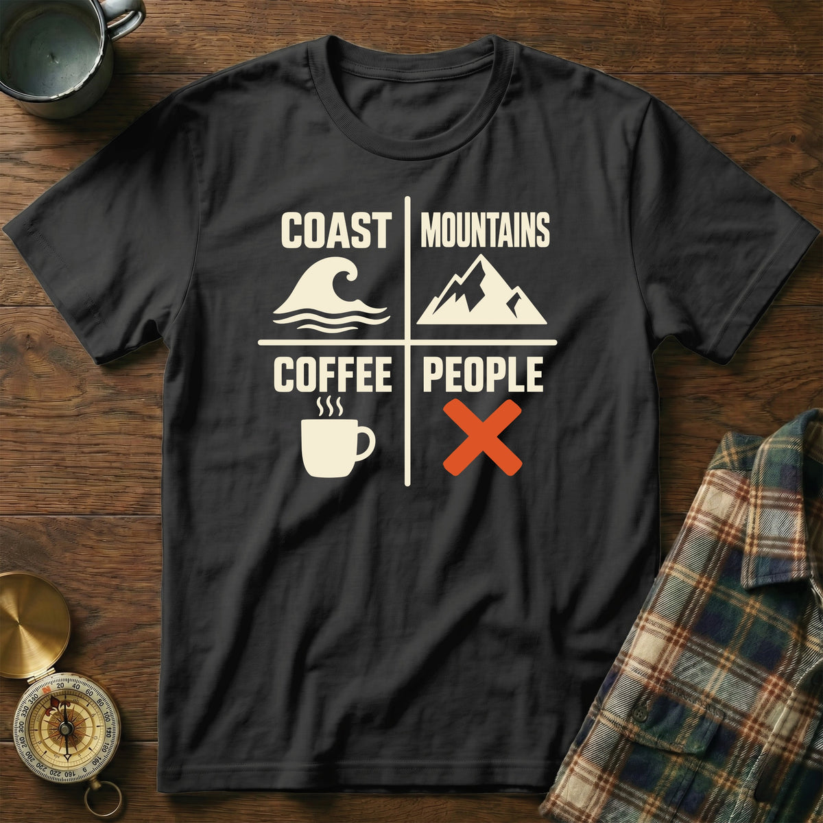 Black t-shirt with "Coast Mountains Coffee People" and icons.