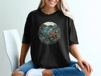 Black t-shirt with circular ocean-themed graphic featuring starfish and coral.
