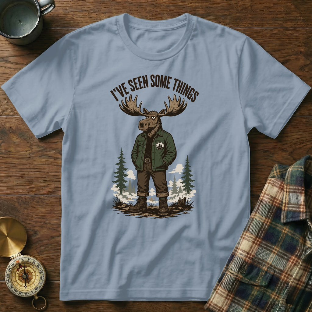 Light blue t-shirt with cartoon moose graphic and text "I'VE SEEN SOME THINGS".