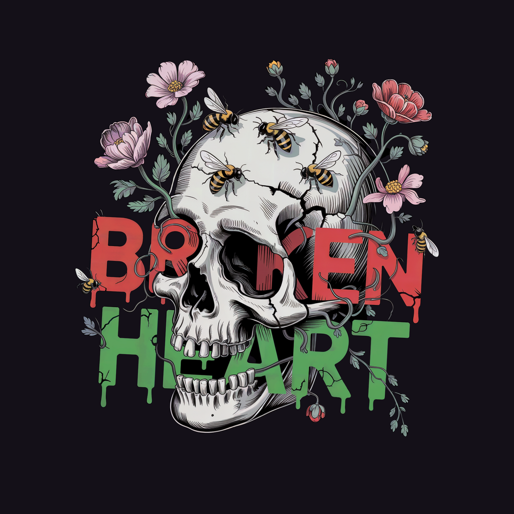 Broken Heart Skull Floral Goth T-Shirt