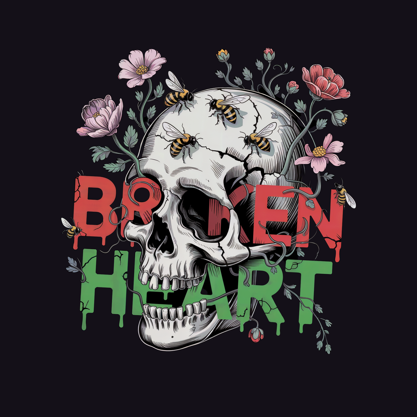 Broken Heart Skull T-Shirt | Dark Floral Goth Graphic Tee | Dark Cottagecore Aesthetic