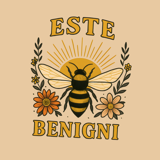 Vintage-style bee illustration with flowers and text on a beige background