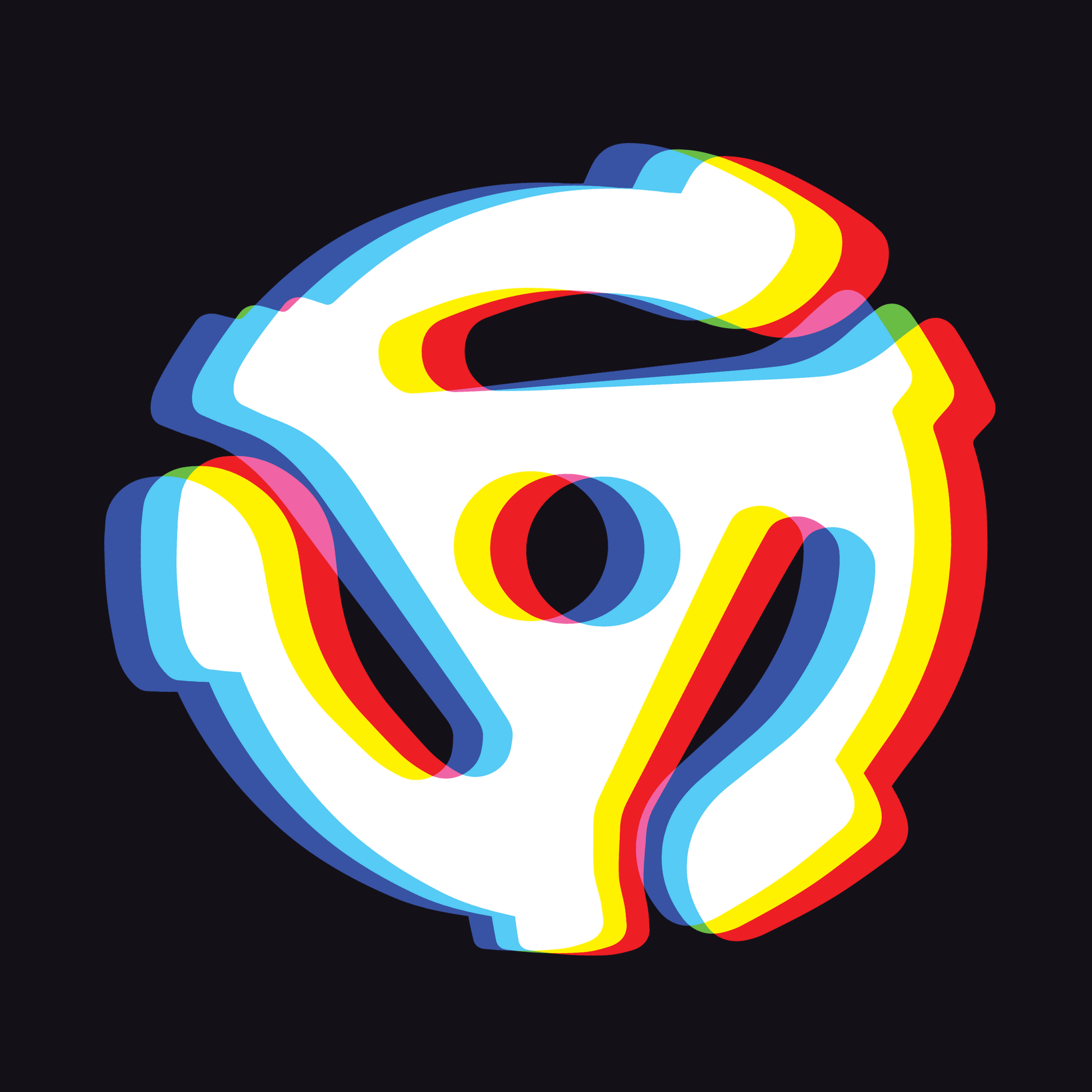 Colorful red, yellow, blue, and cyan chromatic 45 RPM vinyl record adaptor (dink) design on a black background